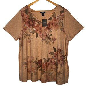 NWT LEEBE Women 2X Plus  Short Sleeve Floral Print Top II Stretch Comfortable